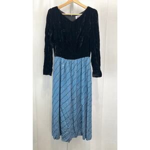LANZ Originals Vintage 80s Midi Dress Rayon Velvet Long Sleeve Black Blue Size 8